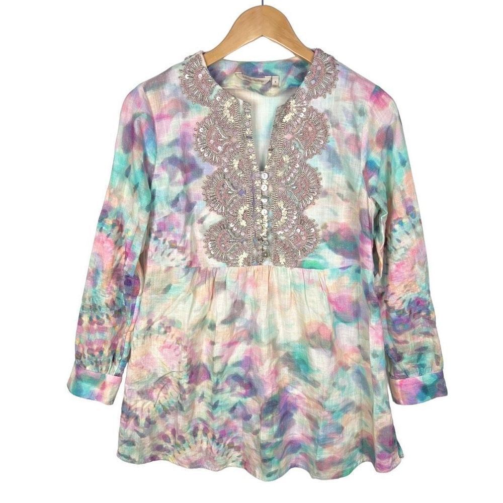 Soft Surroundings Beaded Tunic Top Long Sleeve Embellished Tie Dye womens size S